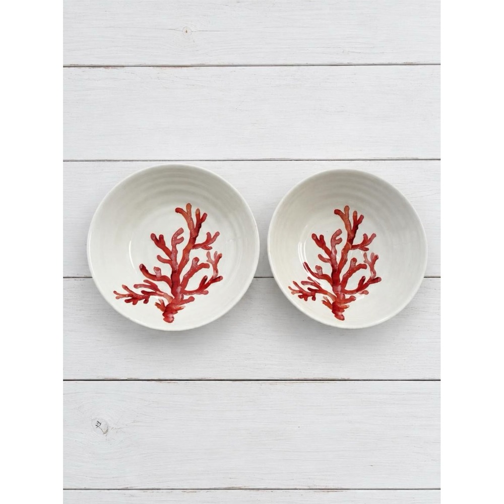 Set of 2 Ceramica Cuenca Coral Pasta Bowls 9" White Ceramic Hand Painted Spain